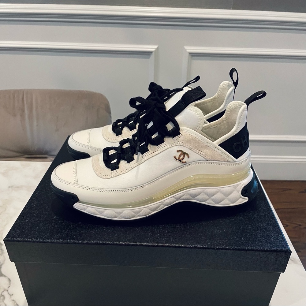 Authentic Pristine Chanel CC mixed fiber sneakers in ivory 37.5